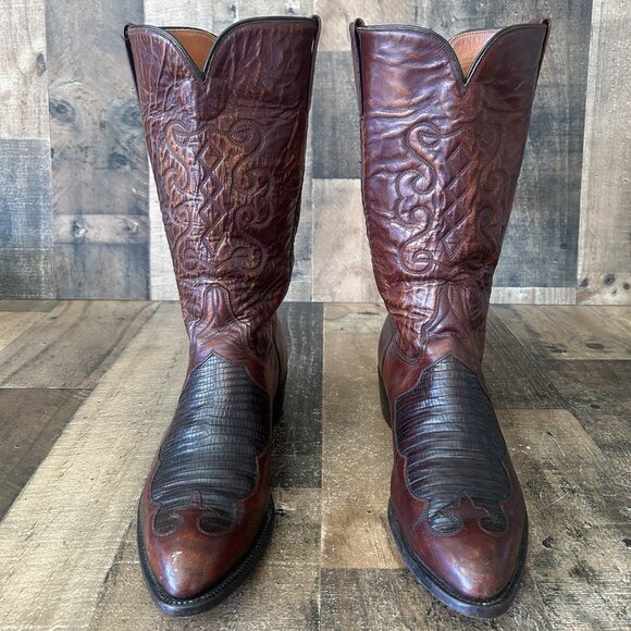 Lucchese San Antonio Vintage Teju Lizard Inlay Western Cowboy Boots Mens 10.5 D - Picture 3 of 12
